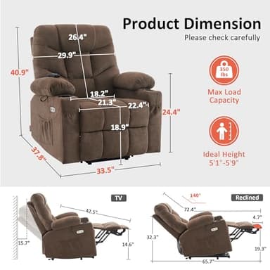 MCombo Power Lift Recliner Chair with Extended Footrest for Elderly People, Fabric 7287 (Brown, Medium) - Image 3
