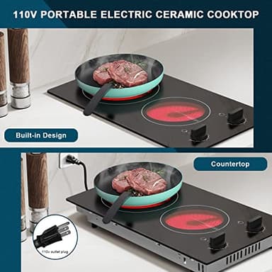 Karinear 110v Electric Cooktop 2 Burners, 12'' Electric Stove Top with Plug in, Knob Control Countertop & Built-in Ceramic Cooktop, 9 Heating Level, Hot Warning, Over-Temperature Protection - Image 3