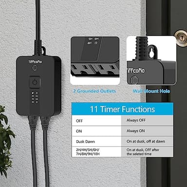 TiFFCOFiO Outdoor Timer Waterproof, Remote Control Dusk to Dawn Sensor Countdown, 100 ft Range, 2 Grouded Electrical Outlets for Home and Garden, 15A 1/2HP, Heavy Duty, ETL Listed (1 Pack) - Image 2