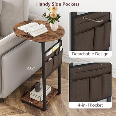 Vagusicc C Shaped End Table for Couch, Side Table Small End Table, Couch Side Table for Small Spaces, Slide Under Sofa TV Tray with Metal Frame for Living Room, Bedroom (Brown) - Image 7