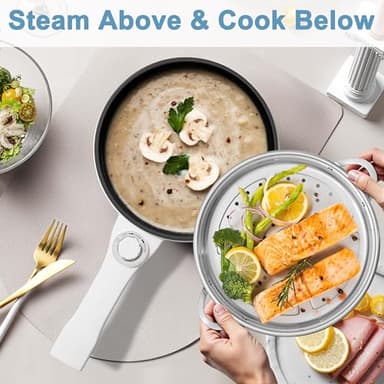 Dezin Hot Pot Electric with Steamer Upgraded, Non-Stick Sauté Pan, Rapid Noodles Electric Pot, 1.5L Mini Pot for Steak, Egg, Fried Rice, Ramen, Oatmeal, Soup with Power Adjustment - Image 2
