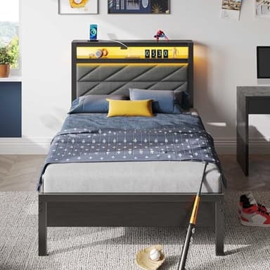 Seventable Bed Frame Twin Size with Charging Station, LED Bed with Upholstered Storage Headboard, Metal Platform Bed with Under Bed Storage, No Box Spring Needed, Noise Free, Easy Assembly, Grey - Image 7