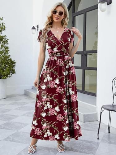 ANRILITA Maxi Dress for Women Wrap V Neck Short Sleeve Empire Pleated Waist Summer Casual Elegant Long Dresses with Pockets - Image 2