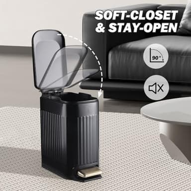 SYNCVIBE Slim Bathroom Trash Can with Lid Soft Close, Stainless Steel Garbage Can Step Trash Bin with Removable Inner Bucket for Bedroom, Office, Kitchen (Matt Black, 1.8 Gallons) - Image 3