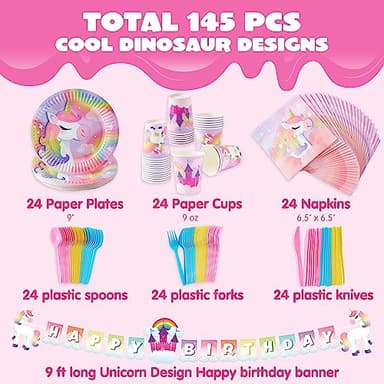 JOYIN 145 Pcs Unicorn Birthday Party Supplies with Unicorn Banner for Girls, 24 Serves Unicorn Disposable Tableware Set with Plates , Cups, Napkins, and Cutlery Sets for Unicorn Themes Party Kids - Image 2