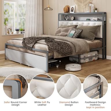 Queen Bed Frame,Bed Frame Queen Size with Headboard and Storage Shelves,Metal Platform Bed Frame with 2 Drawers & Charging Station & LED Lights,Noise-Free/Metal Slats Support/No Box Spring Needed,Grey - Image 7