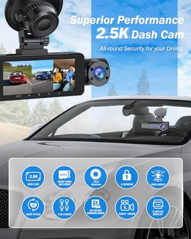 Dash Cam Front and Rear, 2.5K+1440P Triple Car Camera with 32GB Card, 3 Channel Dash Camera for Cars, G-Sensor, 3.16” IPS Screen, 24Hr Parking, 170°Wide Angle, Loop Recording, IR Night Vision, Blue - Image 3