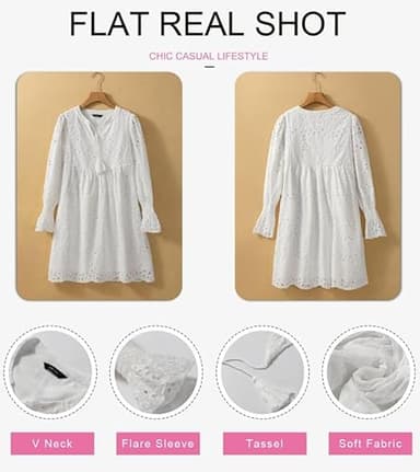 Dokotoo Eyelet Dresses for Women 2025 Tassel V Neck Cotton Midi Dress Long Sleeve A Line Hollow Out White Lace Dress Fashion Elegant White Sun Dress XX-Large - Image 4