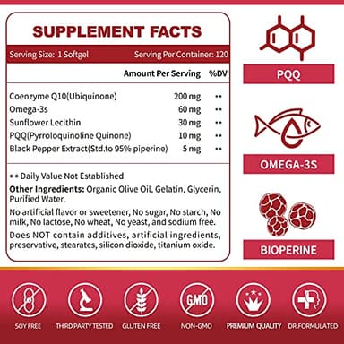 ZEBORA CoQ10-200mg-Softgels with PQQ, BioPerine & Omega-3, 120 Servings Coenzyme Q10(Ubiquinone) Supplement for High-Absorption, Powerful-Antioxidant, Support Heart & Energy-Production - Image 3
