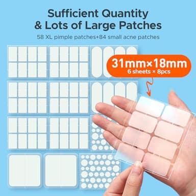 Large Pimple Patches for Face, 7 Sizes Big Acne Patches, XL Hydrocolloid Bandages for Body, Chin, Forehead, Nose, Back Blemish Zit Breakouts, Hydrocolloid Patch (Square, Strip, Dot 142 Count) - Image 2