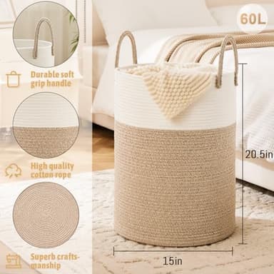 Artfeel Laundry Basket,Woven Cotton Rope Laundry Hamper,60L for Decor Storage of Dirty Clothes,Toys and Blankets in Bathroom,Baby Room and Living Room - Image 6