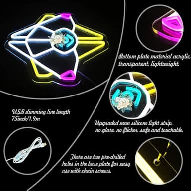Gaming Ghost Shell Neon Sign for Wall Decor, Game Room, Bedroom, Man Cave, USB Powered, Dimmable, Pink, Yellow, Ice Blue, 13.7"x12.6" - Image 5