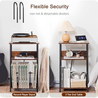 AMHANCIBLE Record Player Stand with Charging Station, Turntable Stand with Storage Cabinet, 3 Tier End Table Hold Up to 100 Albums, Record Table for Vinyl, Living Room, Rustic Brown, HETCD01BR-1 - Image 5