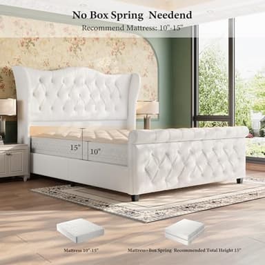 Queen Size Bed Frame-Upholstered Platform Chenille Sleigh Bed-51 inch Scroll Wingback Tall Headboard Footboard-Deep Button Tufted-Easily Assemble-Wood Slats Support-No Box Spring Required-Cream - Image 7