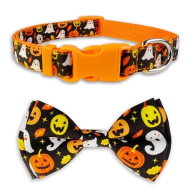 Halloween Dog Collar with Bow tie, Ghost and Pumpkin Holiday Pet Collar for Small Medium Large Dog Puppies - Image 1