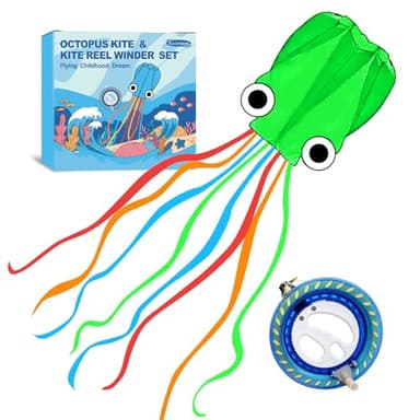 Kaiciuss Octopus Kite & Kite Reel Set, Easy to Fly for Beach Trip, Nice Winder for Kids & Adults, Single Line Frameless Style with 7.2 Inch Wheel Kit (Green) - Image 1