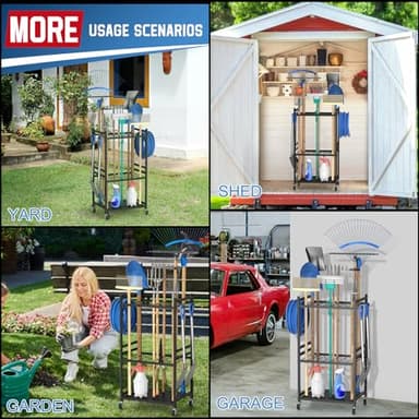 DAOUTIME Garden Organizer With Wheels, Yard Tower Rack for Garage Storage, Up to 35 Long-Handled Tools, Sturdy Metal Steel Holder With 3 Hooks, Outdoor, Black - Image 7