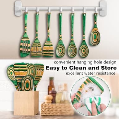 Kitchen Pakkawood Wooden Spoons for Cooking – 7-Piece Kitchen Utensil Set with Spatula, Corner Spoon, Rice Paddle – Nonstick Safe Durable Wooden Cooking Tools for Home Kitchen by Howhong (Oasis) - Image 3