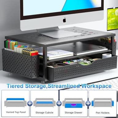 gianotter Desk Organizers and Accessories, Monitor Stand with Drawer and 2 Pen Holder, Desktop Organizer Suitable for Offices and Dormitories (Black) - Image 5