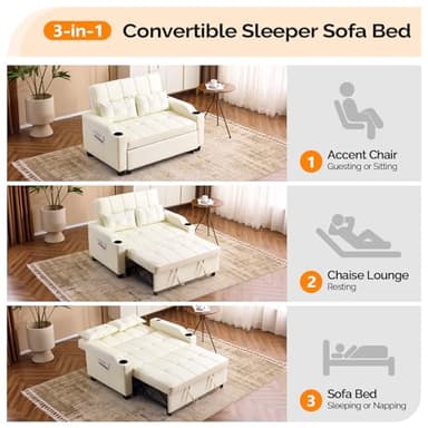 VINGLI Beige Loveseat Sleeper Sofa, Convertible Futon Sofa Bed Faux Leather Pullout Couch Bed with USB Ports, Cup Holders, Armrest for Living Room, Bedroom, Home Office Apartment - Image 4