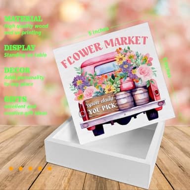 Spring Decor - Spring Sign Decorations Flower Market Wood Block Plaque Sign for Home Desk Table (5 x 5 Inches) - Image 2