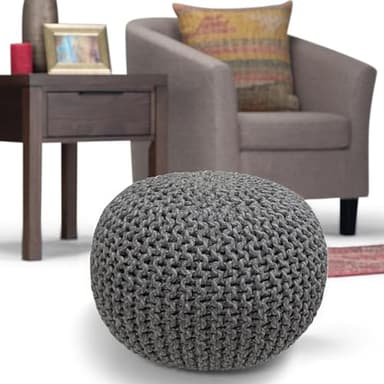 SIMPLIHOME Nikki Boho Round Hand Knit Pouf in Grey Cotton for the Living Room, Bedroom and Kids Room - Image 2