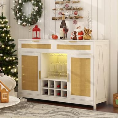 FTZxHKLX 51.2'' Rattan Coffee Bar Cabinet with Drawers and Storage, Boho Sideboard Buffet Cabinet with LED Lights, Wine Liquor Cabinet with Glass Holder and Wine Cellar for Dining Living Room, White - Image 1