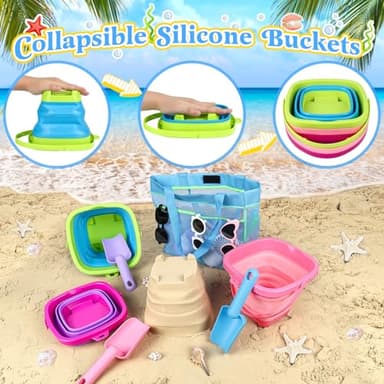 Collapsible Beach Buckets for Kids, Foldable Sand Buckets and Shovels with Mesh Bag, Silicone Sand Pails Travel Beach Toys for Toddlers Easter Egg Hunt, Camping and Fishing Water Pail - Image 3