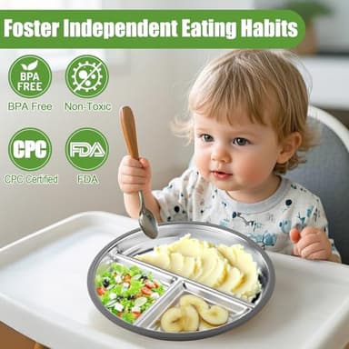 BUSOHA 3 Pack Stainless Steel Kids Plate Set - 9” Divided Toddler Baby Plates with Silicone Sleeves with Suction 2-in-1 Anti Breakage Metal Toddler Bowls Microwave Dishwasher Safe - Image 5