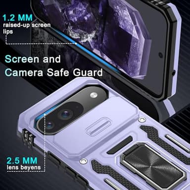 DEERLAMN Case for Google Pixel 9/9 Pro with Slide Camera Cover+Screen Protector(1 Pack), Rotated Ring Kickstand Military Grade Shockproof Protective Cover-Light Purple - Image 5