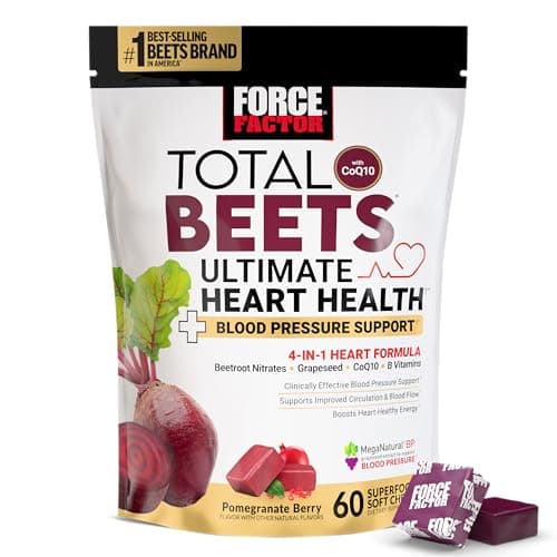 FORCE FACTOR Total Beets Ultimate Heart Health Chews for Blood Pressure Support, with Beetroot Powder, CoQ10, B Vitamins & Grapeseed Extract for Blood Flow & Energy, Pomegranate Berry, 60 Soft Chews - Image 1