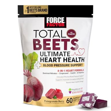FORCE FACTOR Total Beets Ultimate Heart Health Chews for Blood Pressure Support, with Beetroot Powder, CoQ10, B Vitamins & Grapeseed Extract for Blood Flow & Energy, Pomegranate Berry, 60 Soft Chews - Image 1