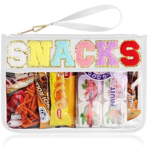Snack Bag for Travel - Clear Chenille Varsity Letter Flat Pouch with Zipper, Waterproof Clear PVC&PU Preppy Patch Makeup Cosmetic tote Bags for Women Girls (White-Snacks) - Image 1