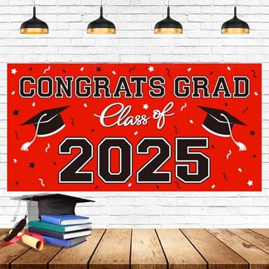 2025 Graduation Party Plastic Backdrop - 65" x 32.7" Congrats Grad Banner in Red, Large Class of 2025 Decorations, Photography & Grad Party Supplies - Image 1