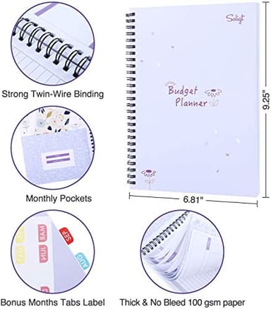 Monthly Budget Planner Book (Undated) with 12 Pockets for Income, Debt, Saving, Expense and Bill Tracker Organizer, Purple, Spiral Design - Image 5