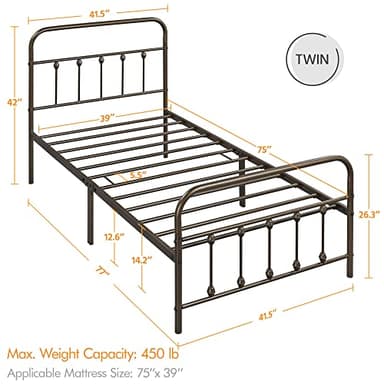 Yaheetech Classic Metal Platform Bed Frame Mattress Foundation with Victorian Style Iron-Art Headboard/Footboard/Under Bed Storage/No Box Spring Needed/Twin Size Bronze - Image 2