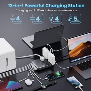 Kioson 12-in-1 Charging Station USB-C Power Strip with 5ft Cord and Plug, 200W GaN IV Charger Block, 4 AC Outlets, 4 USB A&C for MacBook,iPhone 16/15/14, Desktop Charger for Office, Home - Image 2