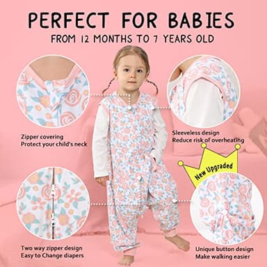 WONDAY Toddler Sleep Sack with Legs,Toddler Sleep Sacks,0.5T Cotton Sleeveless Baby Sleep Bag Wearable Blanket with Feet (Rose,3T-5T) - Image 2
