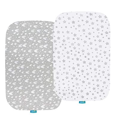 Bassinet Sheets Compatible with ANGELBLISS Baby Bassinet, Koolerthings (3 in 1) Bedside Sleeper, Pamo Babe and Ihoming Bedside Bassinet, 2 Pack, 100% Jersey Cotton, Breathable and Soft, Grey Print - Image 1