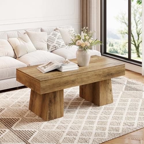 LITTLE TREE Farmhouse Coffee Table, 47 Inches Wooden Rectangular Accent Center Tables with Thick Base, Modern Low Cocktail Tea Furniture for Living Room (Rustic Brown) - Image 1