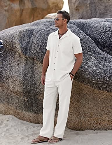 COOFANDY Men 2 Piece Linen Sets Outfits Beach Wedding Shirts and Pants Leisure Suit - Image 4