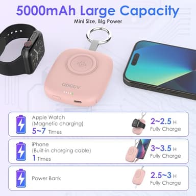 Small Portable Charger 5000mAh,iWatch Wireless Charger Mini Power Bank with Built-in Cable,Travel Keychain Charger for Apple Watch 11/10/9/8/Ultra/7/6/Se/5/4,iPhone 17/16/15/14/13/12,Android Phone - Image 3