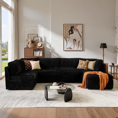 ovios Modular Sectional Sofa Couch with Sofa Bed L-Shape Chaise, Comfy Plush Corduroy Cloud Couches, Modern Deep Seat Sofas Set for Living Room, 6-Seater, Black - Image 1