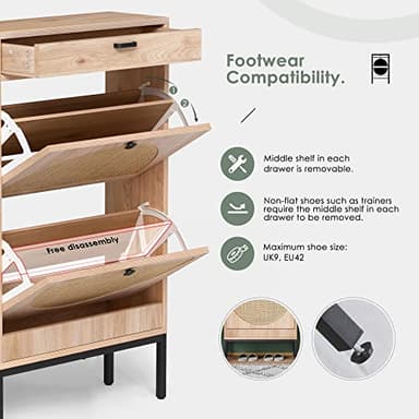 Yechen Shoe Rack Storage Organizer with 2 Natural Semi-Circular Rattan Doors, Entryway Wooden Shoe Cabinet for Sneakers, Leather Shoes, High Heels, Slippers (1 Piece, Oak) - Image 4