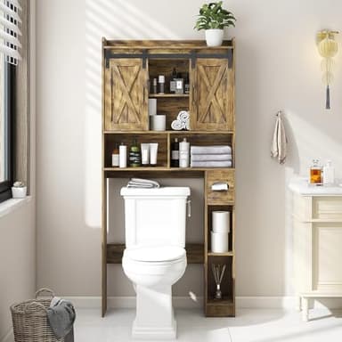 Vabches Over The Toilet Storage Cabinet, Farmhouse Storage Cabinet Over Toilet with Sliding Doors & Toilet Paper Holder Stand,Home Space-Saving Toilet Rack, for Bathroom, Restroom, Laundry - Image 5