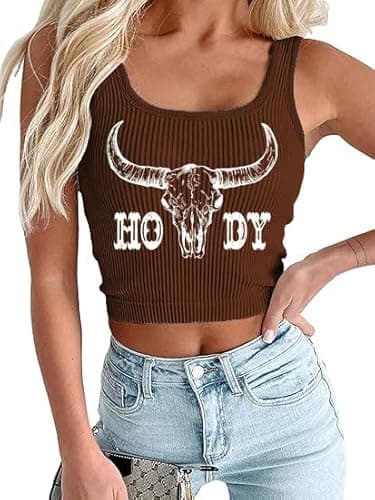 YHHR Women's Cowgirl Country Concert Sleeveless Cropped Tank Top Summer Casual Cowboy Shirt Western Graphic Top Cute Outfit Brown