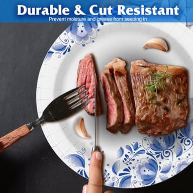 Charmount Paper Plates Bulk 8.5 Inch, 150pcs Disposable Plates, Blue Paper Plates for Parties and Daily Use, Soak Proof, Cut Proof, Flower Printed - Image 5