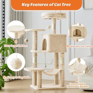 Sweetcrispy 44 inch Cat Tree Tower, Multi-Cat Climbing Tower with Condo, Natural Sisal Scratching Posts, Extended Platform, Hammock, Pet House for Indoor Cats and Kittens Play, Beige - Image 2