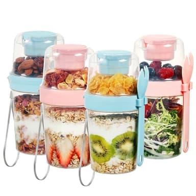 Vtopmart 4 Pack 27oz Yogurt Parfait Cups with Lids and Spoons, Overnight Oats Containers, Reusable Topping Compartment for Breakfast with Yogurt, Cereal or Oatmeal On-the-Go - Image 1
