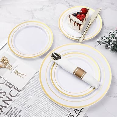 350PCS Gold Plastic Dinnerware Set, Disposable Party Plates for 50 Guests, Include: 100 Plastic Plates, 50 Pre Rolled Napkins with Gold Silverware, 50 Cups - Image 3